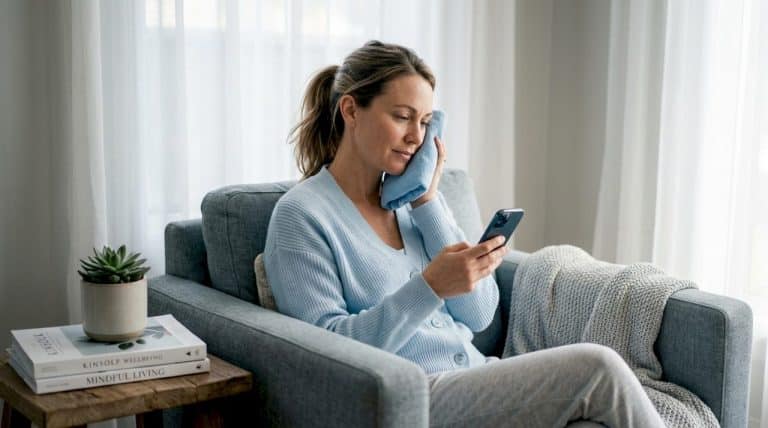 Woman using ice pack during filler recovery at home