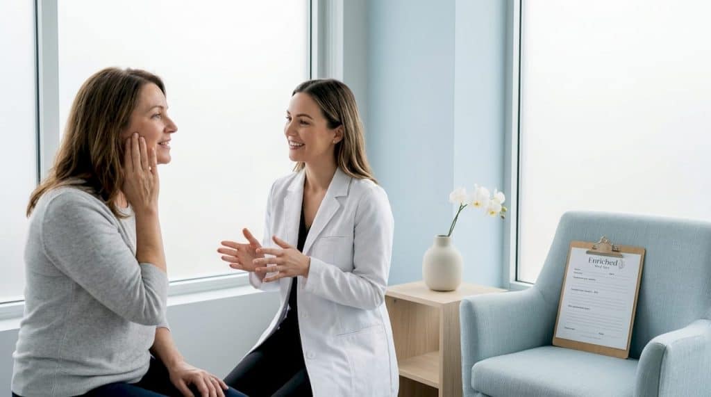 Patient and aesthetician discuss facial rejuvenation
