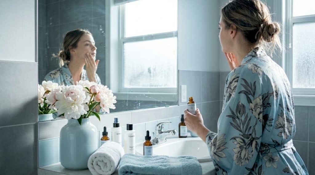 Bride applying skincare in sunlit bathroom