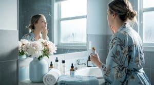 Bride applying skincare in sunlit bathroom