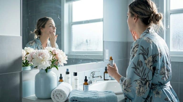Bride applying skincare in sunlit bathroom