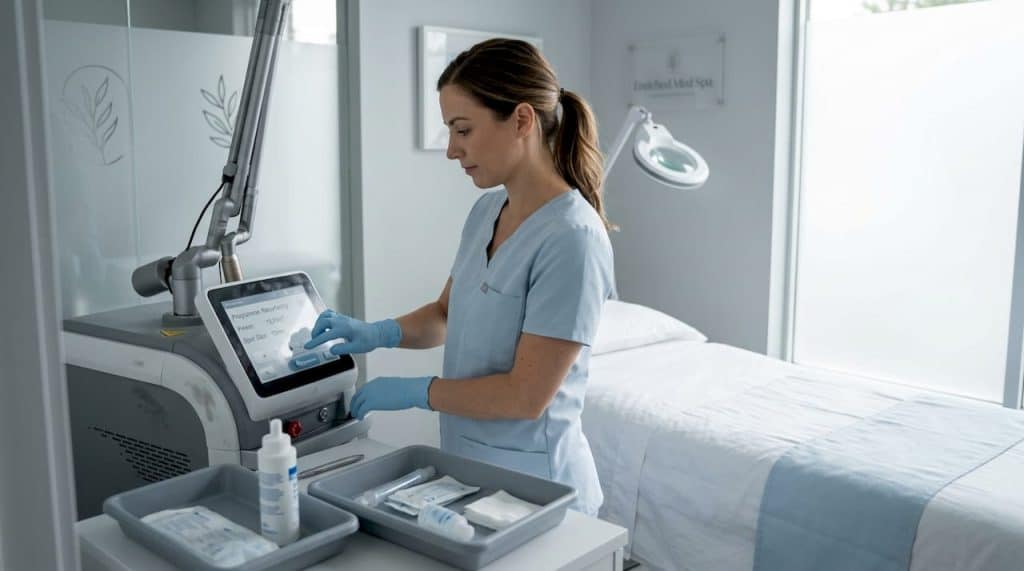 Aesthetician preparing laser resurfacing workstation