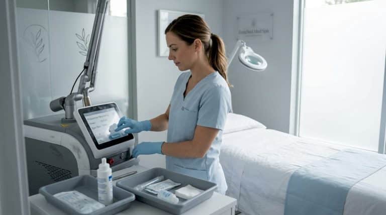 Aesthetician preparing laser resurfacing workstation