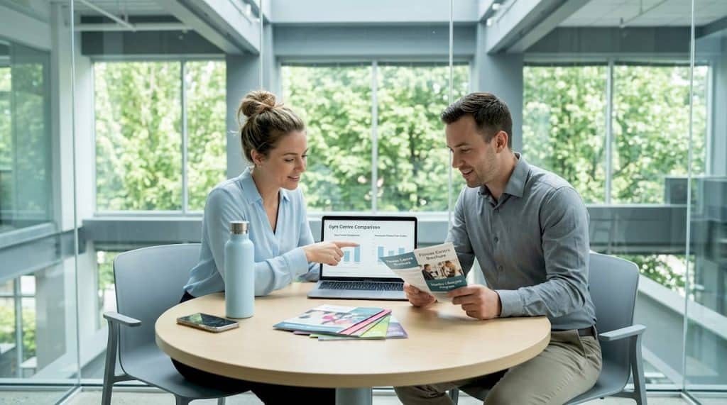 Two professionals reviewing gym alternatives in bright office