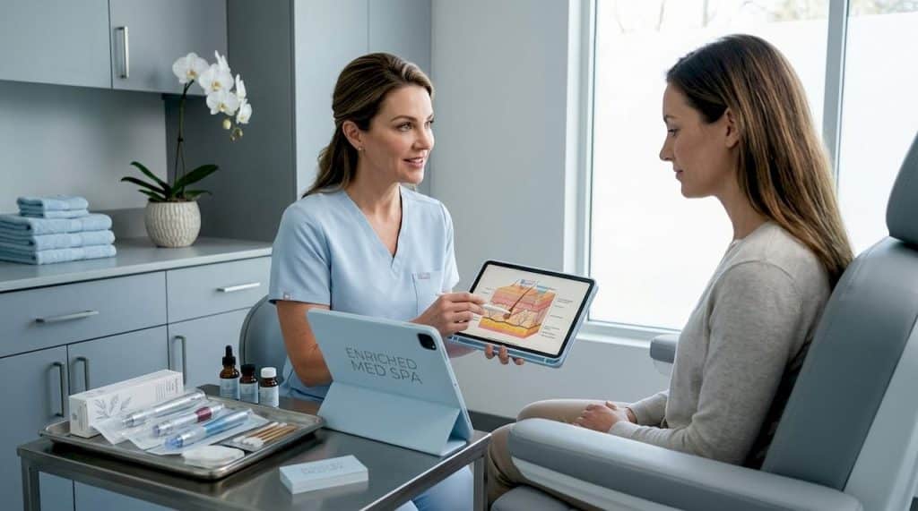Clinician reviewing microneedling process with client