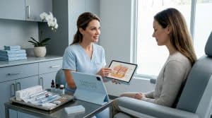Clinician reviewing microneedling process with client
