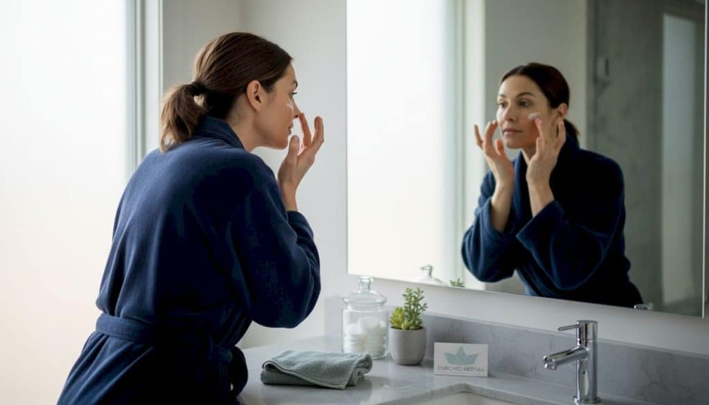 Woman applies moisturizer at bathroom mirror