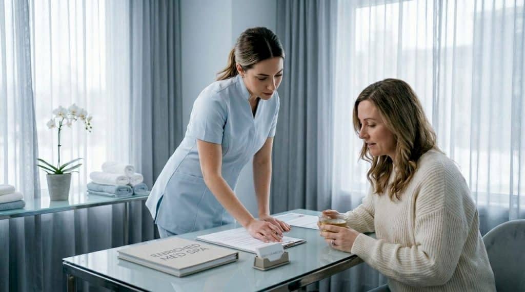 Med spa provider consulting client in serene setting