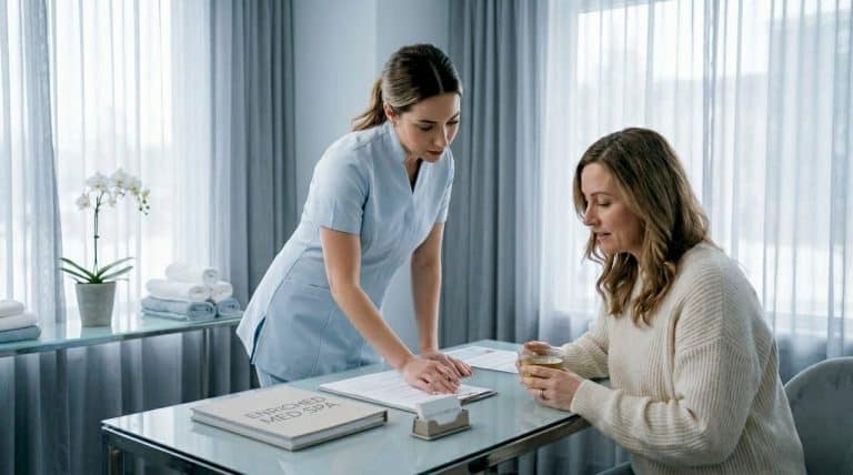 Med spa provider consulting client in serene setting