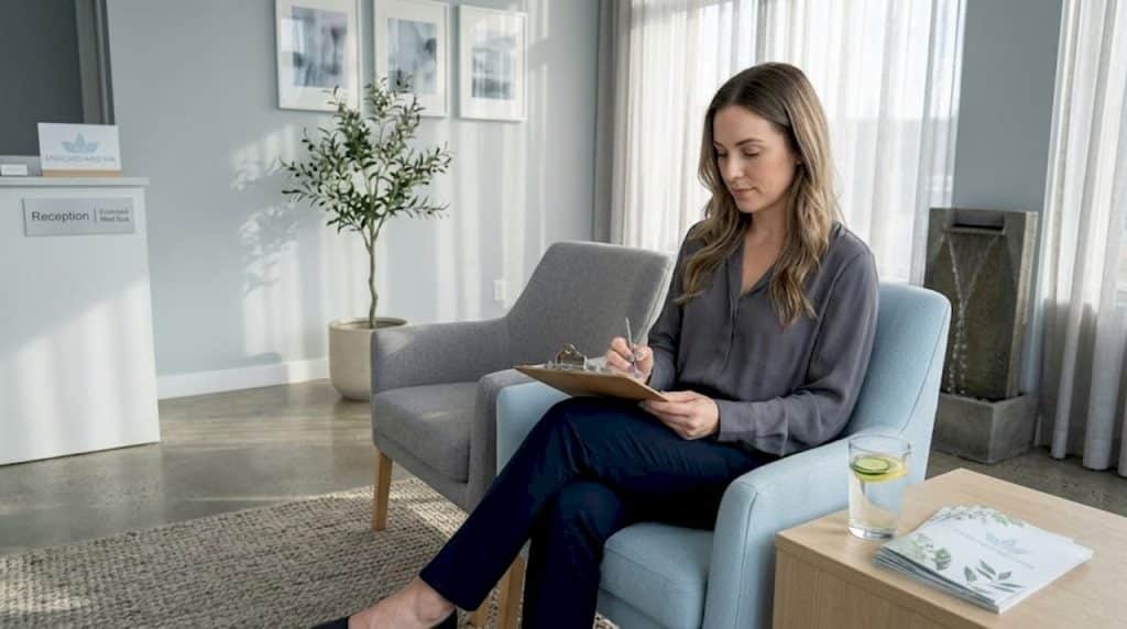 Client reviewing form in calm med spa lobby