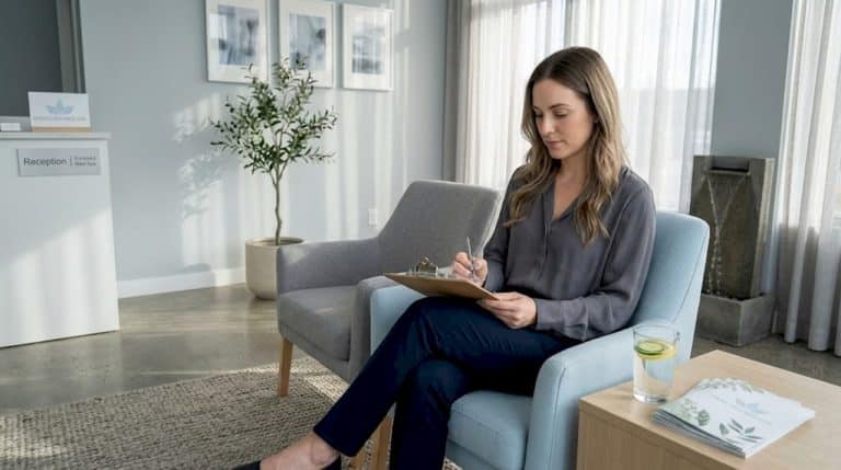 Client reviewing form in calm med spa lobby