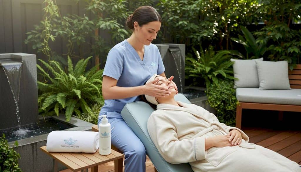 Aesthetician preparing spa client for facial
