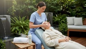 Aesthetician preparing spa client for facial