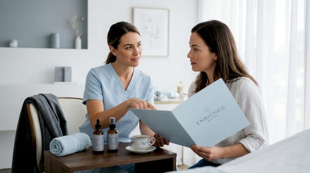 Clinician consulting client in tranquil med spa room