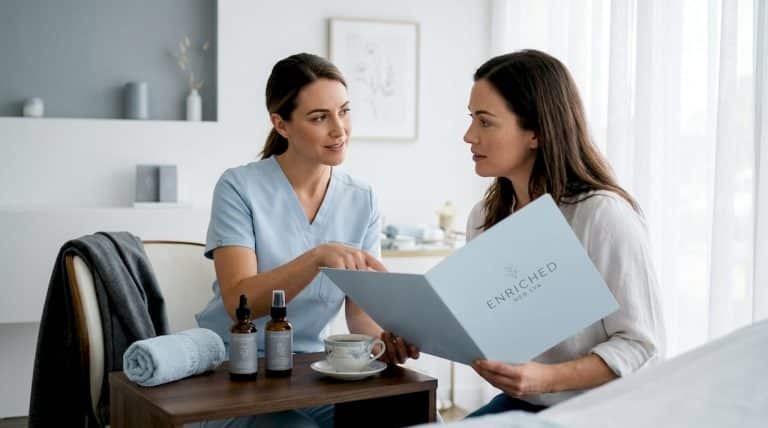 Clinician consulting client in tranquil med spa room