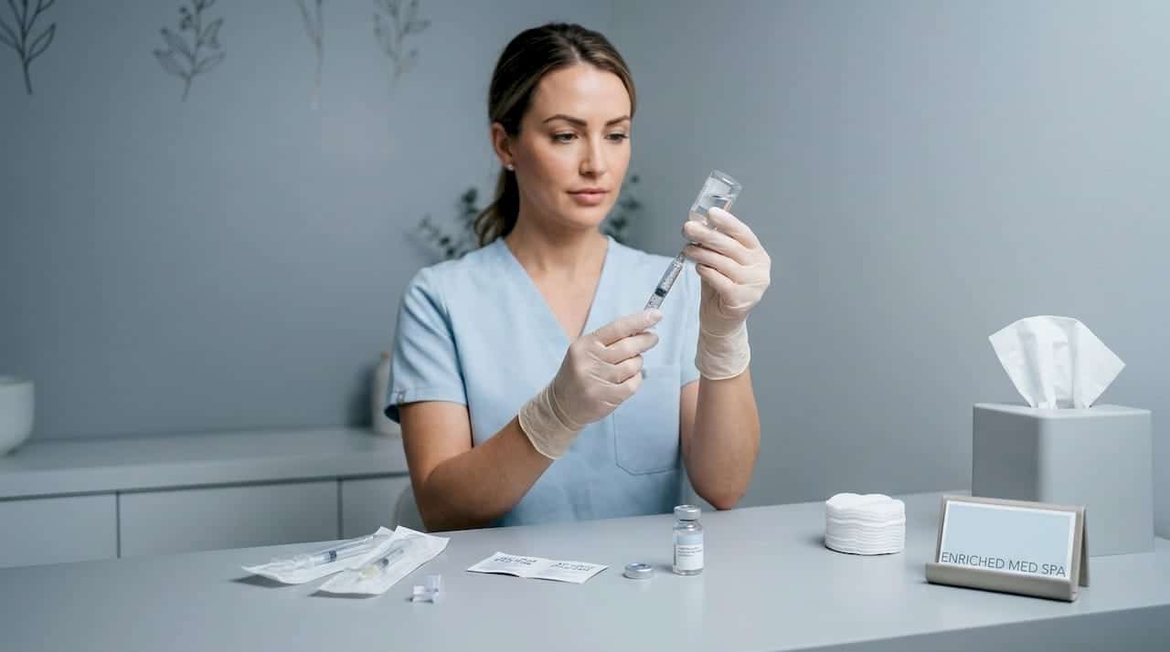 Gloved hands prepare dermal filler syringe