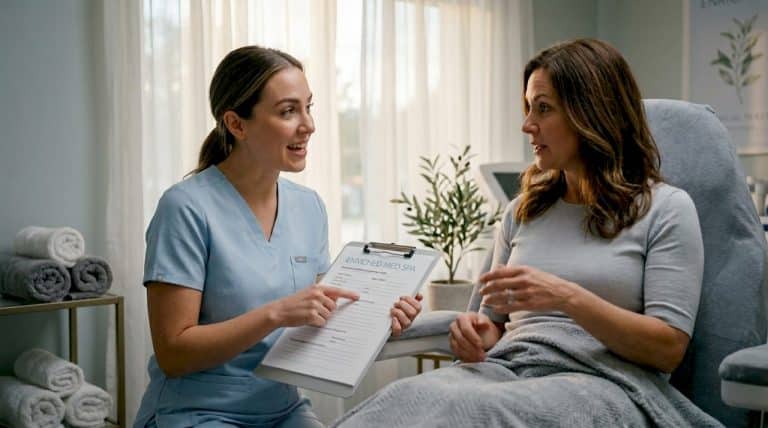 Aesthetic nurse consulting Botox client in spa