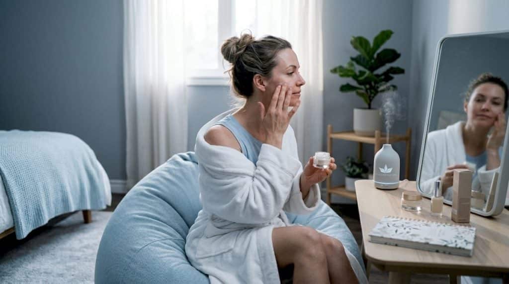 Woman preparing skin for microneedling at home