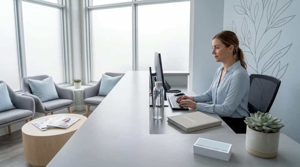 Medical spa receptionist checking client appointments