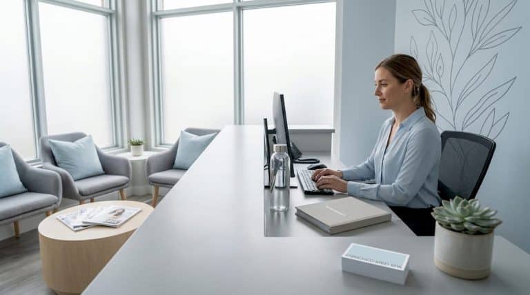 Medical spa receptionist checking client appointments
