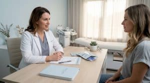 Dermatologist reviewing skin safety with client