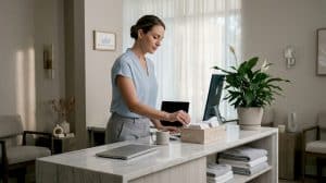 Receptionist arranging cards at med spa front desk