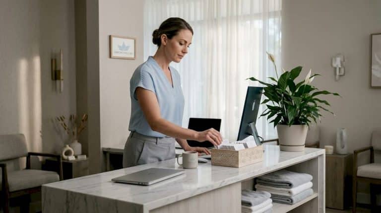 Receptionist arranging cards at med spa front desk