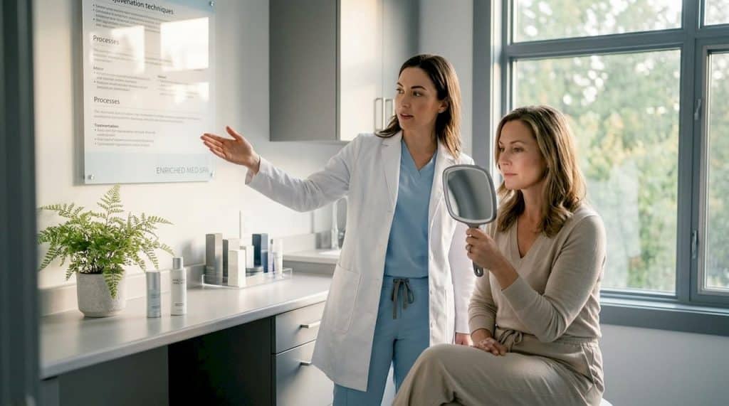 Dermatologist consulting client in clinic setting