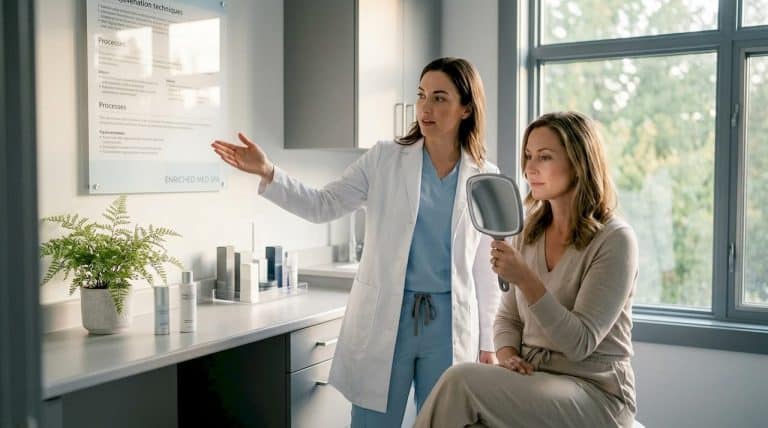 Dermatologist consulting client in clinic setting