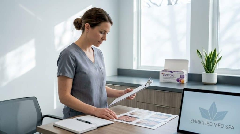 Aesthetic nurse reviewing Botox patient records in clinic