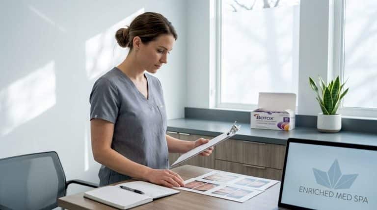 Aesthetic nurse reviewing Botox patient records in clinic