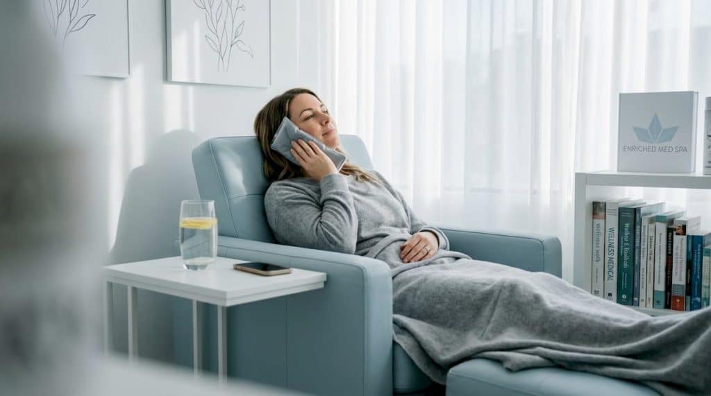 Woman applying cold compress after filler treatment