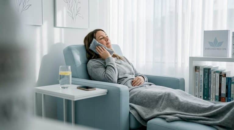Woman applying cold compress after filler treatment
