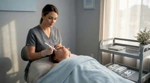 Esthetician performing microneedling in med spa