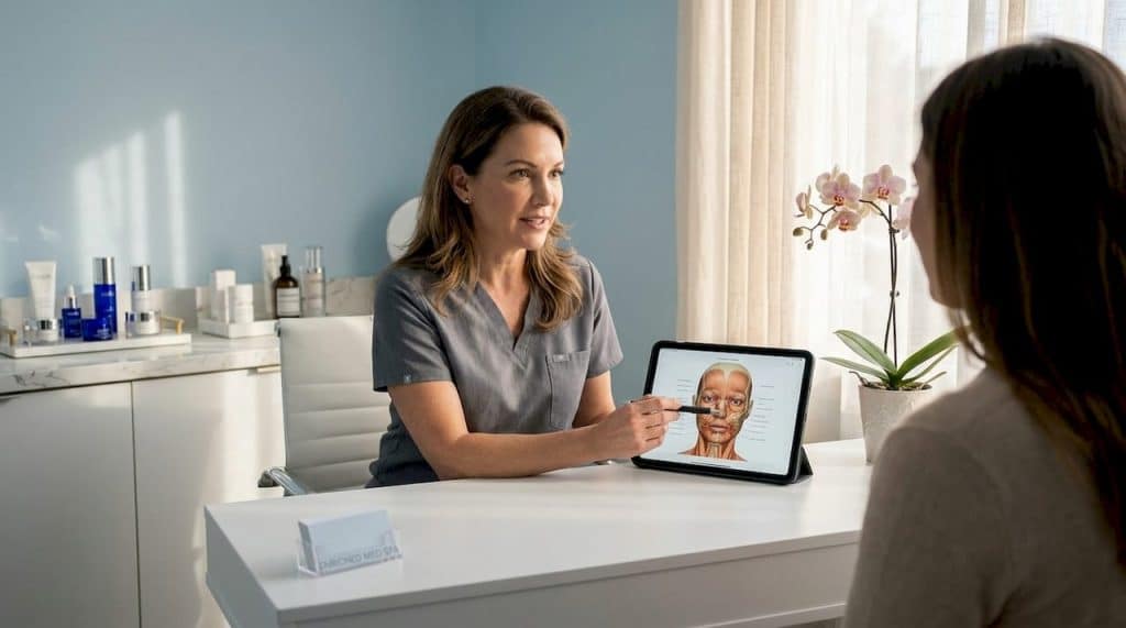 Practitioner consulting patient in cosmetic clinic