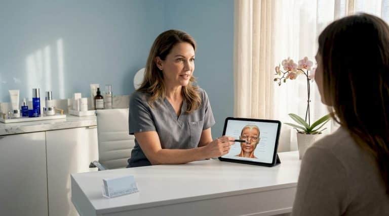 Practitioner consulting patient in cosmetic clinic