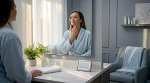 Woman examining forehead lines in bathroom mirror