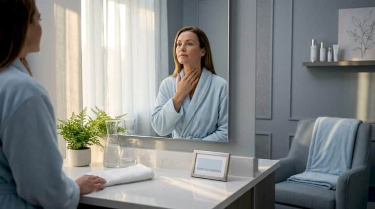 Woman examining forehead lines in bathroom mirror