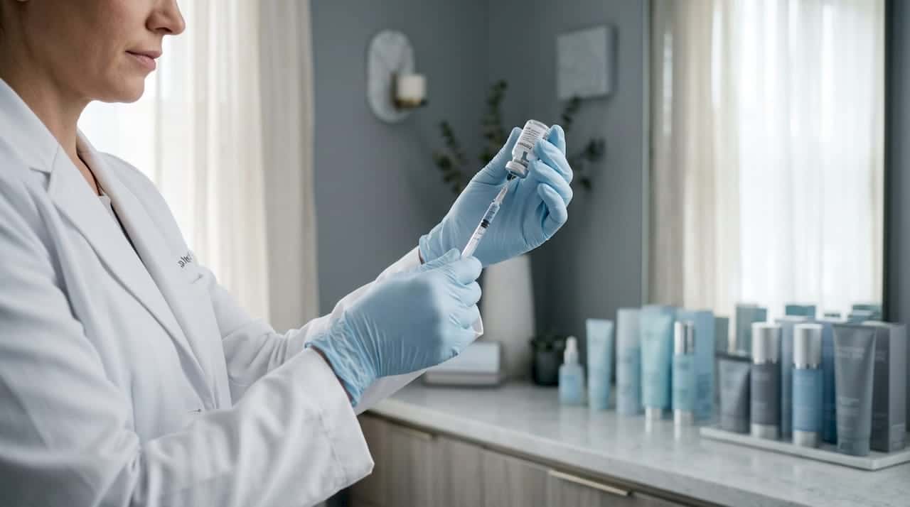 Hands preparing injectable in med spa