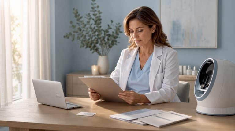 Clinician reviewing notes in medical spa consultation room