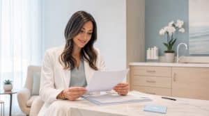Aesthetic clinician reviewing client treatment plan in consultation room