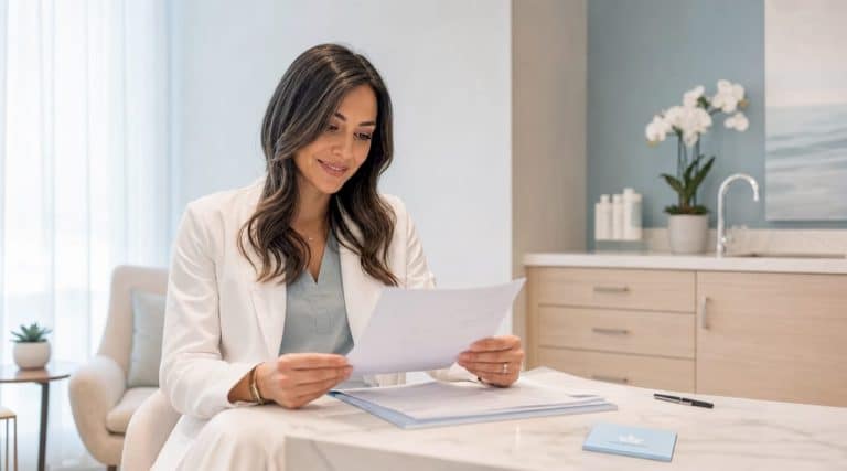 Aesthetic clinician reviewing client treatment plan in consultation room