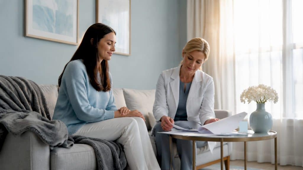 Client consulting with licensed clinician in med spa