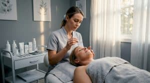 Medical aesthetician applying facial serum in spa room