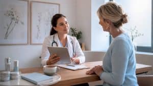 Medical aesthetics consultation in calming clinical room