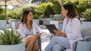 Woman consulting clinician on Botox preparation