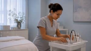 Skincare professional preparing RF facial device