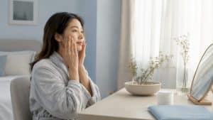 Woman applying skincare moisturizer in bathroom