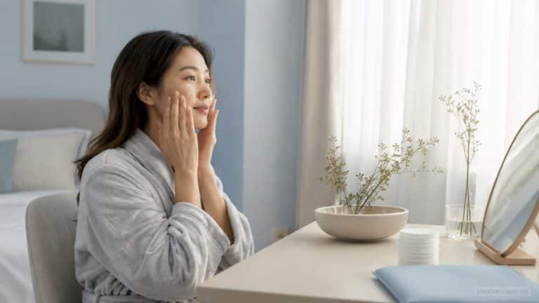 Woman applying skincare moisturizer in bathroom