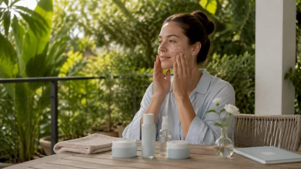 Woman applying moisturizer before laser treatment